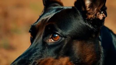 Close Up Portrait Of A Doberman Pinscher Dog