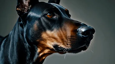 Close Up Portrait Of A Doberman Pinscher Dog