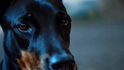 Close Up Portrait Of A Doberman Pinscher Dog