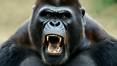 Close Up Of A Silverback Gorilla Roaring Aggressively