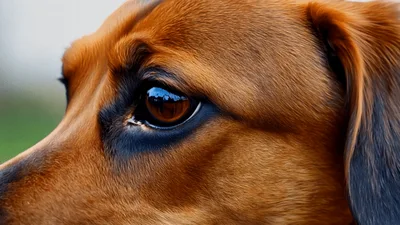 Close Up Portrait Of A Brown Dog Looking Around
