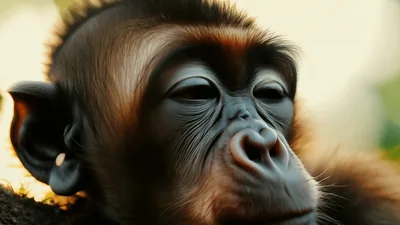 Close Up Portrait Of A Baby Chimpanzee Looking Around