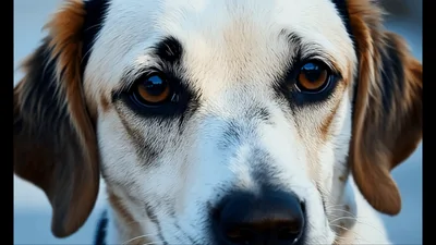 Close Up Portrait Of A Dog Looking Directly Ahead