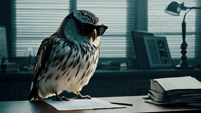 Owl Wearing Sunglasses Standing On Office Desk