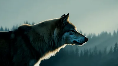 Majestic Wolf Standing In A Misty Forest