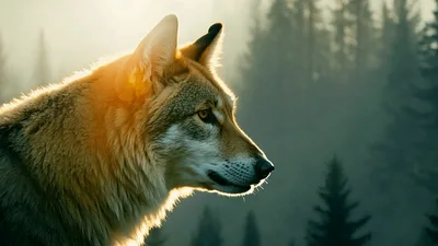 Majestic Wolf Standing In A Misty Pine Forest