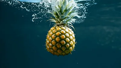 Pineapple Falling Into Deep Blue Water