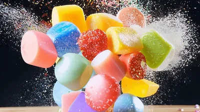 Colorful Candy Pieces Exploding Into The Air