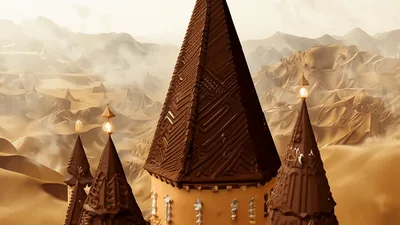 Chocolate Castle Tower Rising Above Desert Landscape