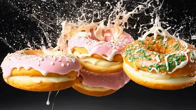 Three Glazed Donuts Falling Into Cream Splash
