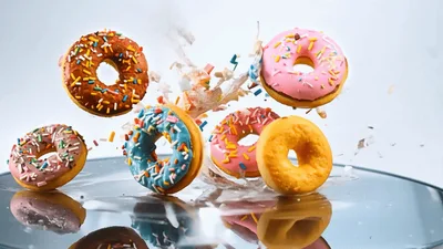 Assorted Glazed Donuts Falling And Splashing On Mirror