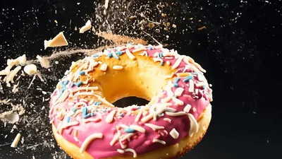 Pink Glazed Donut Falling With Sprinkles And Chocolate Shavings