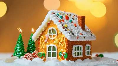 Gingerbread House with Lit Christmas Tree Candles