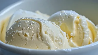 Scooping Creamy Vanilla Ice Cream From A White Bowl