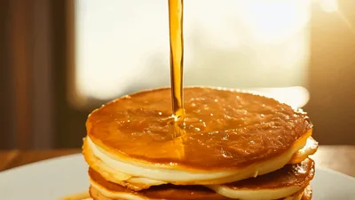 Maple Syrup Pouring Over A Stack Of Pancakes