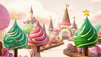 Animated Candy Kingdom Landscape With Whimsical Sweet Architecture