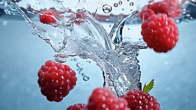 Fresh Raspberries Falling Into Clear Water