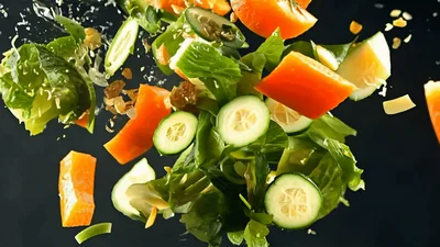 Fresh Salad Ingredients Floating In Mid Air