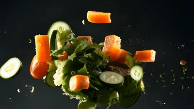 Fresh Salad Ingredients Floating In Mid Air
