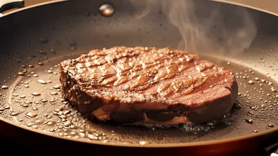 Raw Steak Searing In A Hot Frying Pan
