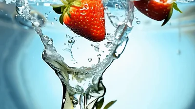 Fresh Strawberries Dropping Into Clear Water With Splashes