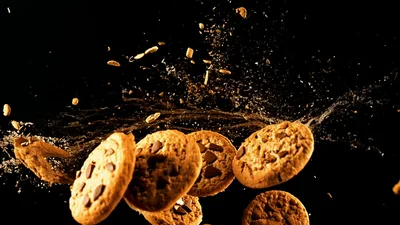 Chocolate Chip Cookies Falling And Crashing In Slow Motion