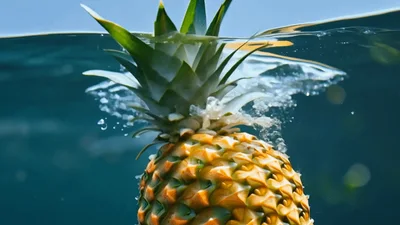 Pineapple Falling Into Clear Blue Water