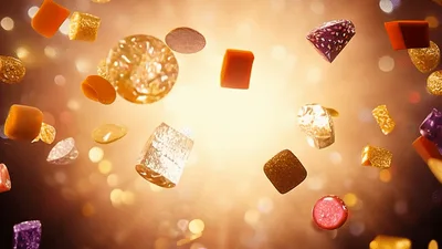 Assorted Candies Floating In Golden Light Background