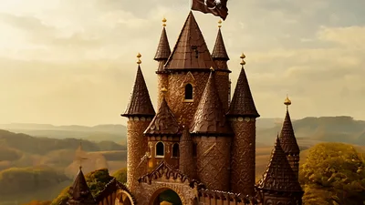 Chocolate Castle With Turkish Flag Flying In Scenic Landscape