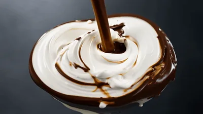Chocolate Sauce Pouring Over Swirled Whipped Cream