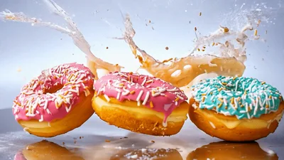 Three Glazed Donuts Falling Into Milk Splash