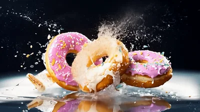 Glazed Donuts Falling And Splashing On Dark Surface