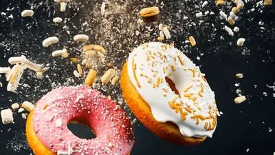 Two Glazed Donuts Floating With Exploding Toppings