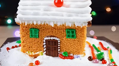 Rotating Gingerbread House Decorated With Candy And Frosting