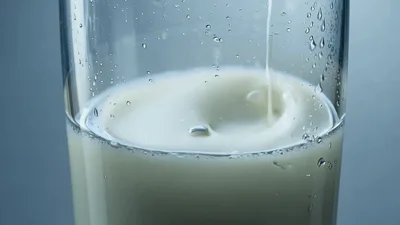Fresh Milk Pouring Into A Clear Glass