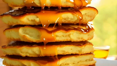 Maple Syrup Pouring Over A Stack Of Pancakes