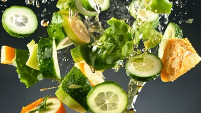 Fresh Vegetables And Greens Falling In Mid Air