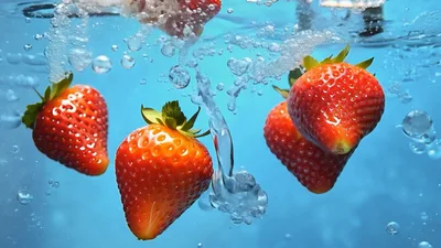 Fresh Red Strawberries Falling Into Clear Water