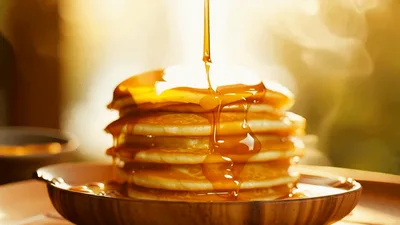 Golden Syrup Pouring Over A Stack Of Hot Pancakes