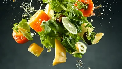 Fresh Salad Ingredients Floating In Mid Air