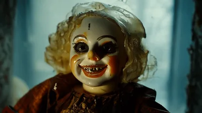 Creepy Clown Doll With Glowing Eyes In Dark Setting
