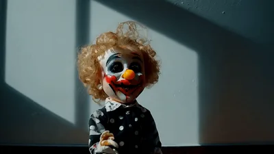 Creepy Clown Doll Walking Across Wooden Floor