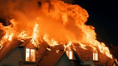 House Roof Engulfed In Intense Nighttime Fire
