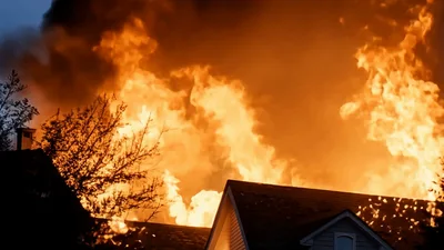 Massive House Fire Engulfing Residential Property At Night