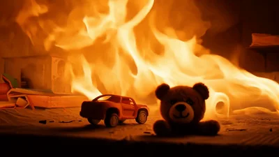 Toy Car And Teddy Bear Burning In Intense Fire