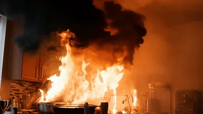 Kitchen Stove Fire Engulfing Cabinets In Flames