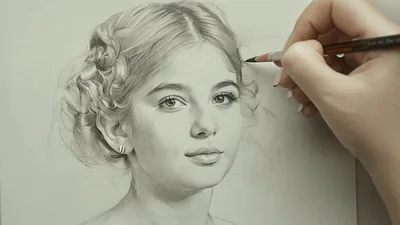 Artist Drawing Detailed Pencil Portrait Of Young Woman