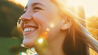 Happy Young Woman Smiling Outdoors In Golden Sunlight