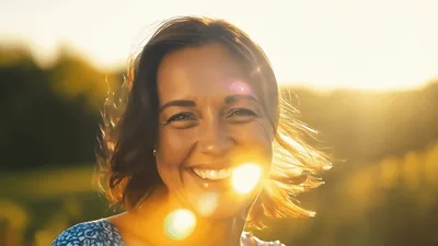 Happy Woman Laughing Outdoors During Golden Hour