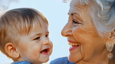 Elderly Woman Cuddling And Smiling With Her Grandson